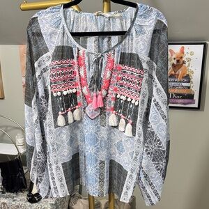 NWT Ramy Brook Boho White/Blue/Gray Pink Embroidered Tassels Semi Sheer Fabric